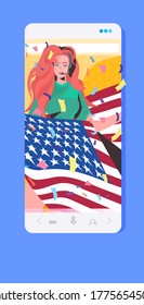 woman holding usa flag 4th of july american independence day celebration concept smartphone screen mobile app portrait vector illustration