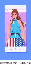 woman holding usa flag 4th of july american independence day celebration concept smartphone screen mobile app portrait vector illustration