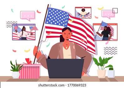 woman holding usa flag celebrating 4th of july american independence day concept girl chatting with friends in web browser windows hoizontal portrait vector illustration