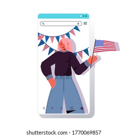 woman holding usa flag celebrating 4th of july american independence day concept smartphone screen mobile app portrait vector illustration