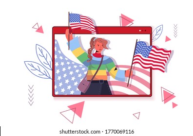 woman holding usa flags celebrating 4th of july american independence day concept web browser window portrait horizontal vector illustration