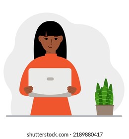 A woman is holding or using a laptop computer PC. Laptop computer technology concept. Vector flat illustration.