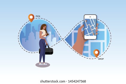 Woman holding and using smart phone with taxi application on display. Booking taxi online concept design. Vector illustration.