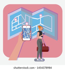 Woman holding and using smart phone with app navigation map. Map pointer icon. GPS location symbol. Finding the way concept design. Vector illustration.