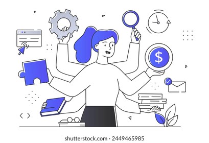 A woman holding various business icons, monochrome vector illustration on a white background, concept of multitasking and productivity. Line art style flat vector illustration