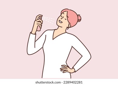 Woman holding vial with fragrant perfume preening before going to party or date with boyfriend. Positive girl in dress with vial of perfume uses fragrance with pheromones and floral scent