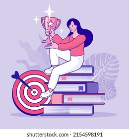 Woman holding a victory trophy cup. Education Pile of books and golden trophy for future success winner. Vector illustration for mobile and web graphics. Online course education lectures.