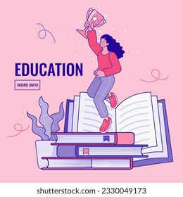 Mujer sosteniendo una copa de trofeo de victoria. La educación Pile de libros y trofeo de oro para el futuro ganador. Ilustración vectorial para gráficos móviles y web. Clases de educación en línea.