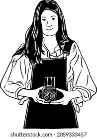 Woman holding Vintage camera People take picture Photographer Hand drawn line art illustration