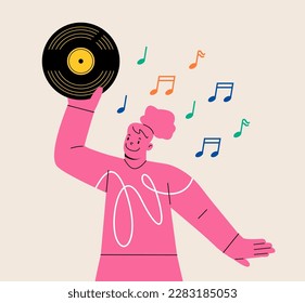 Woman holding vintage vinyl music. Colorful vector illustration