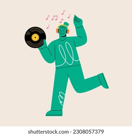 Woman holding vintage vinyl music. Colorful vector illustration
