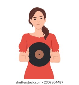 Woman holding vinyl record standing in music store near counter for collectors of retro records. Flat vector illustration isolated on white background