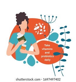Woman holding vitamins and probiotics. Vector isolated illustration in cartoon style of a woman with pharmacy pills and capsules for health and wellbeing in a flat design style.