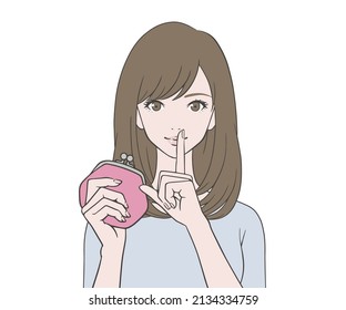 A woman holding a wallet and putting her index finger on her mouth