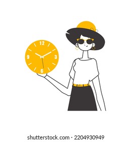 A woman is holding a watch in her hands. Time management concept. Linear trendy style. Isolated. Vector illustration.