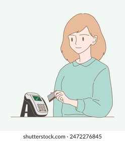 Woman holding, waving credit card, debit card close to the POS terminal to pay. NFC technology payment, tap to pay, contactless payment. Hand drawn flat cartoon character vector illustration.