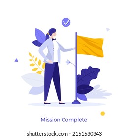 Woman holding waving flag and check mark. Concept of mission complete, task completion, business achievement or accomplishment, finishing work. Modern flat vector illustration for banner, poster.