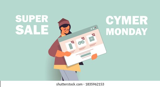 woman holding web browser window online shopping cyber monday sale holiday discounts e-commerce special offer concept portrait horizontal vector illustration