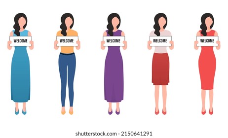  woman holding welcome board flat character illustration, people holding board business character vector illustration on white background. 