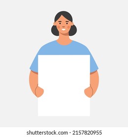 Woman holding a white blank board, poster, banner. Business presentation, sale offer or advertising concept. Flat vector illustration.