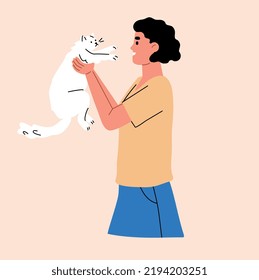 Woman holding white furry fluffy cat. Cat owner. Pet cartoon flat vector illustration.