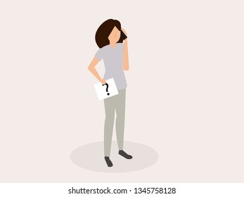 woman holding a white paper or billboard with a question mark on it, vector illustration.