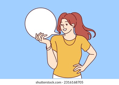 Woman is holding white speech bubble symbolizing good idea or interesting offer. Girl with empty dialogue cloud is happy to share idea, calling for joint discussion of important issue.