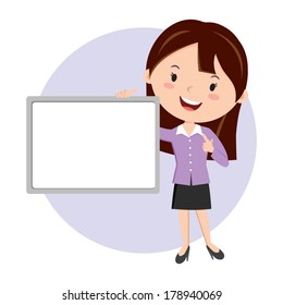 Woman holding whiteboard. Business presentation.