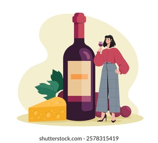 Woman holding wine glass near a large wine bottle, cheese wedge, grapes, and leaves in a minimalist style on a plain background. Wine tasting concept. Vector illustration