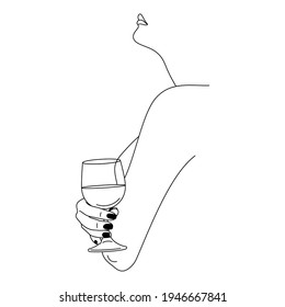 Mujer sosteniendo una copa de vino con un estilo lineal minimalista . Moda vectorial Ilustración de la figura femenina en perfil.