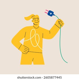 Woman holding wire with plug from electrical equipment. Electricity saving concept. Colorful vector illustration
