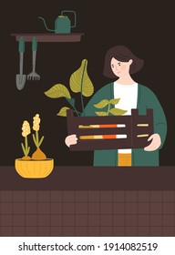 Woman holding a wooden box with houseplants. Home gardener taking care for potted plants. Room interior with tools, watering can on shelf. Urban jungle vector illustration