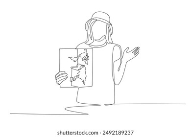 Woman holding world map. World map concept one-line drawing