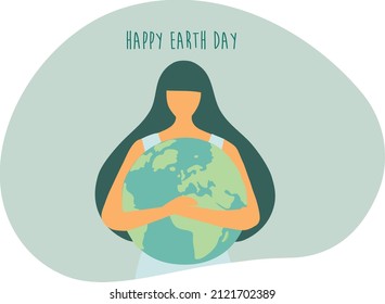 Woman holding world with text happy earth day vector illustration Earth day, save the planet, global warming and climate change concept