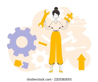 A woman is holding a wrench and a puzzle. Teamwork theme. Linear modern style.