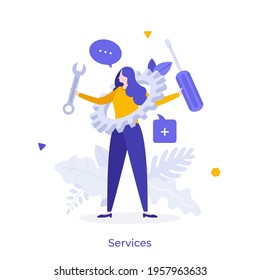 Woman holding wrench, screwdriver and gear wheel. Concept of technical service, mechanical repair, maintenance work, professional support, help or assistance. Modern flat colorful vector illustration.