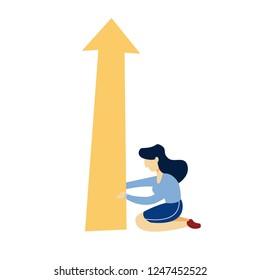 Woman holding yellow arrow pointing up. Female character in suit. Idea of attention. Isolated vector flat illustration