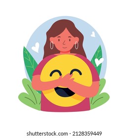 Woman holding yellow laughing emoticon symbol. International day of happiness vector illustration background.