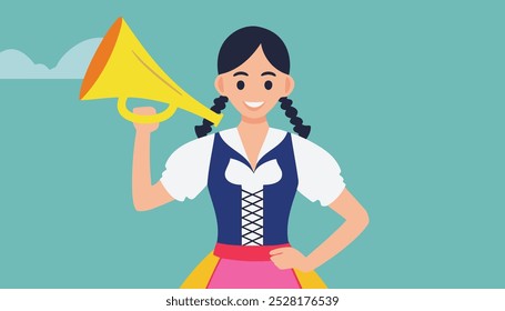 A woman is holding a yellow megaphone and smiling. The image has a cheerful and playful mood