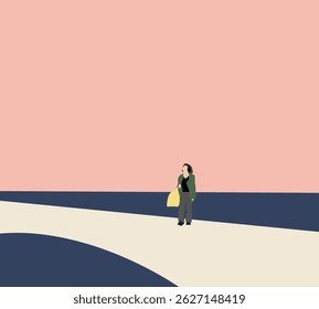 Woman holding yellow reusable shopping bag walking on city modern street. Urban Sustainable lifestyle. 
