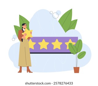 Woman holding a yellow star, standing near a rating system with stars, surrounded by plants and abstract shapes, on a white background. Customer feedback concept. Vector illustration