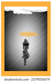 A woman holding a yellow umbrella walks in the rain.