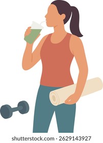 A woman holding yoga mat and dumbbell drinking green smoothie.
