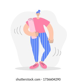 Woman holding a yoga mat. Modern flat illustration on fitness. Young woman preparing for a stretch or pilates workout. Girl with a fitness equipment. Oversized character in trendy style.