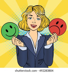Woman Holdings Emoticons in her Hands. Pop Art. Vector illustration