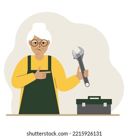 A woman holds an adjustable wrench in his hand and a tool box next to it. The concept of technical repair or service. Flat design vector illustration.