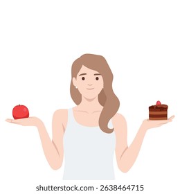 Woman holds an apple in one hand and a piece of chocolate cake in the other. Flat vector illustration isolated on white background