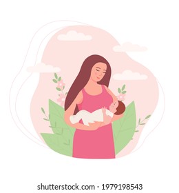 A woman holds a baby in her arms. Mother and child, the concept of motherhood, love, family. Flat vector illustration for decoration and design.