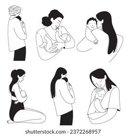 A woman holds a baby in her arms collection, black and white vector illustration. Vector illustration