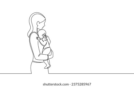 A woman holds a baby in her arms. Mom and child. Continuous line. Happy Mother's Day. One line vector illustration